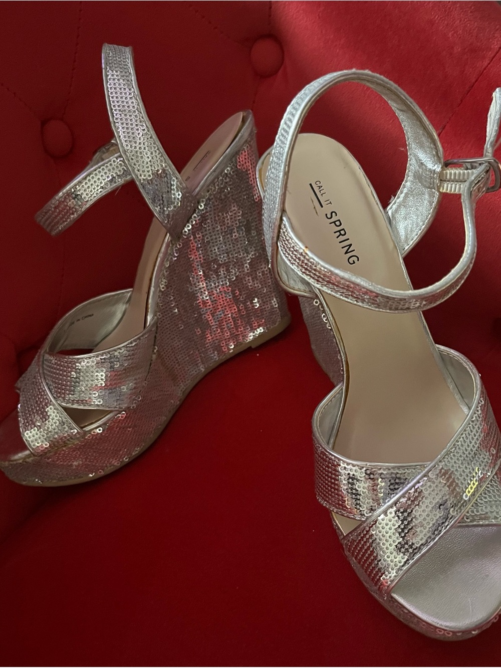 Call It Spring Silver Sequin Wedge Sandal Size 7